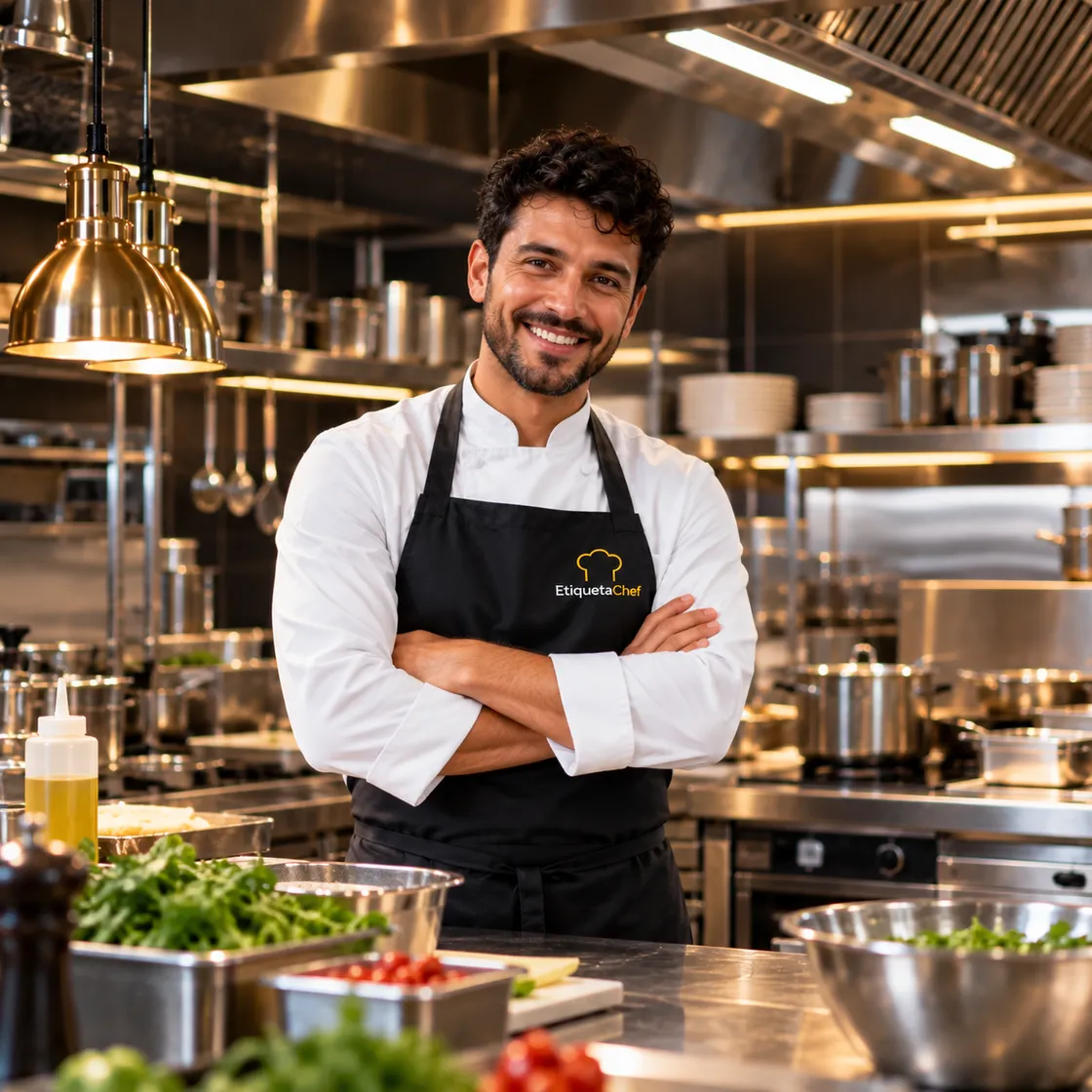 Chef sorridente, de braços cruzados e avental do EtiquetaChef, em uma cozinha profissional de inox.