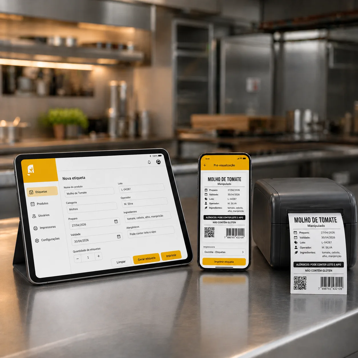 Tablet com EtiquetaChef aberto, celular mostrando etiqueta pronta e impressora térmica imprimindo a etiqueta MOLHO DE TOMATE em cozinha profissional.