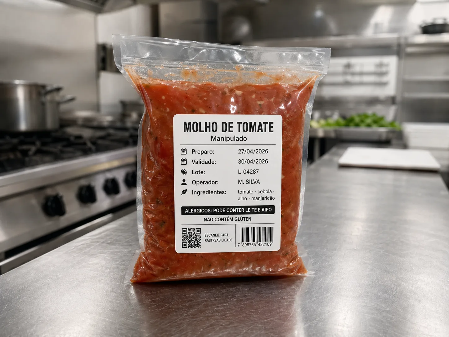 Saco de molho de tomate com etiqueta EtiquetaChef impressa: produto, preparo, validade, lote, operador, alérgicos e QR de rastreabilidade.