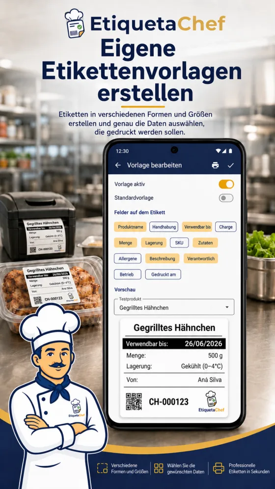 EtiquetaChef-Etikett mit Haltbarkeit, Charge und Allergenen