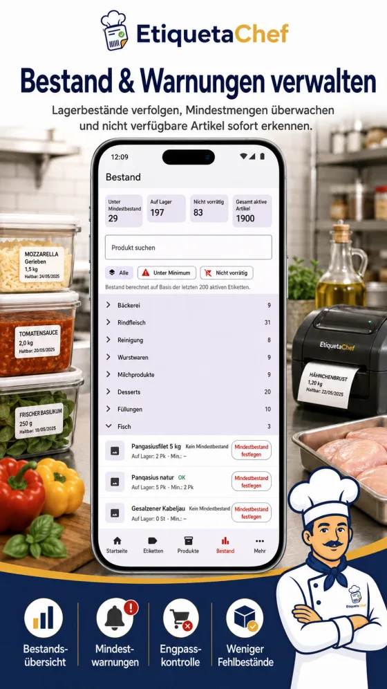 Bestandsansicht von EtiquetaChef mit Bestand pro Produkt und Mindestbestandswarnung