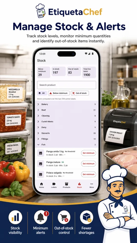 EtiquetaChef stock screen with balance per product and minimum alert