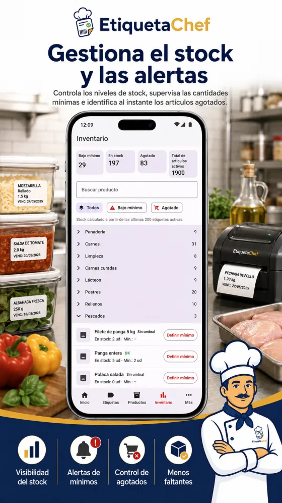 Pantalla de stock de EtiquetaChef con saldo por producto y alerta de mínimo