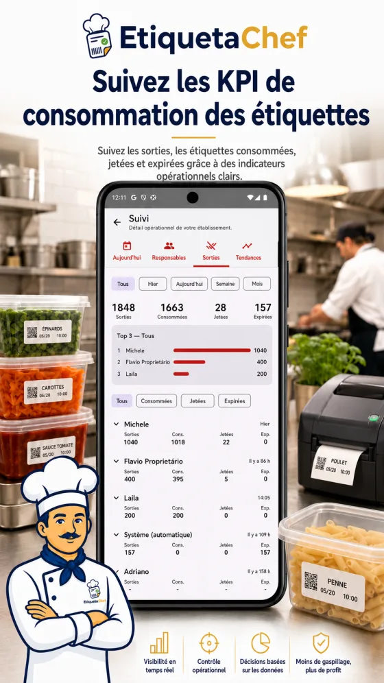 Écran des sorties d'EtiquetaChef — piste de qui a sorti chaque étiquette