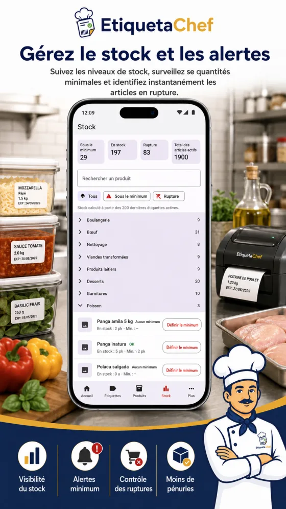 Écran de stock d'EtiquetaChef avec solde par produit et alerte de minimum
