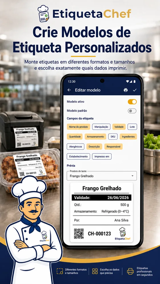 Etiqueta do EtiquetaChef com validade, lote e alérgenos