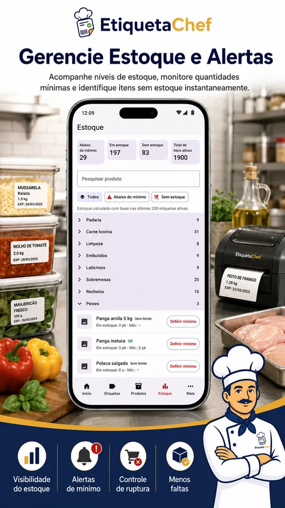 Tela de estoque do EtiquetaChef com saldo por produto e alerta de mínimo