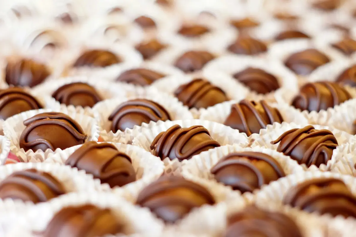 Bombons artesanais de chocolate sobre a bancada
