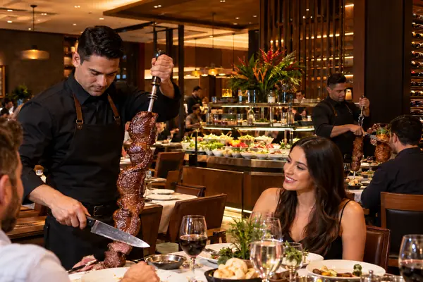 Passador servindo picanha no espeto no salão de uma churrascaria